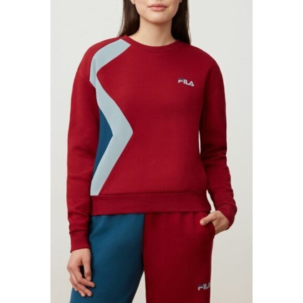 Fila Women's Kazuno Sweatshirt Red Blue Crew Neck Crop Pullover SZ M NWT